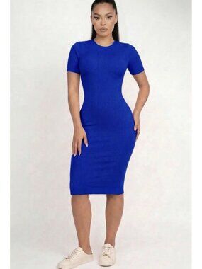 3/$30 Capella Dress Womens Size Medium Blue Ribbed Stretch Bodycon Fitted New
